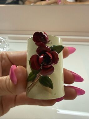 Floral Enamel canister with Red Rose and Green Leaves